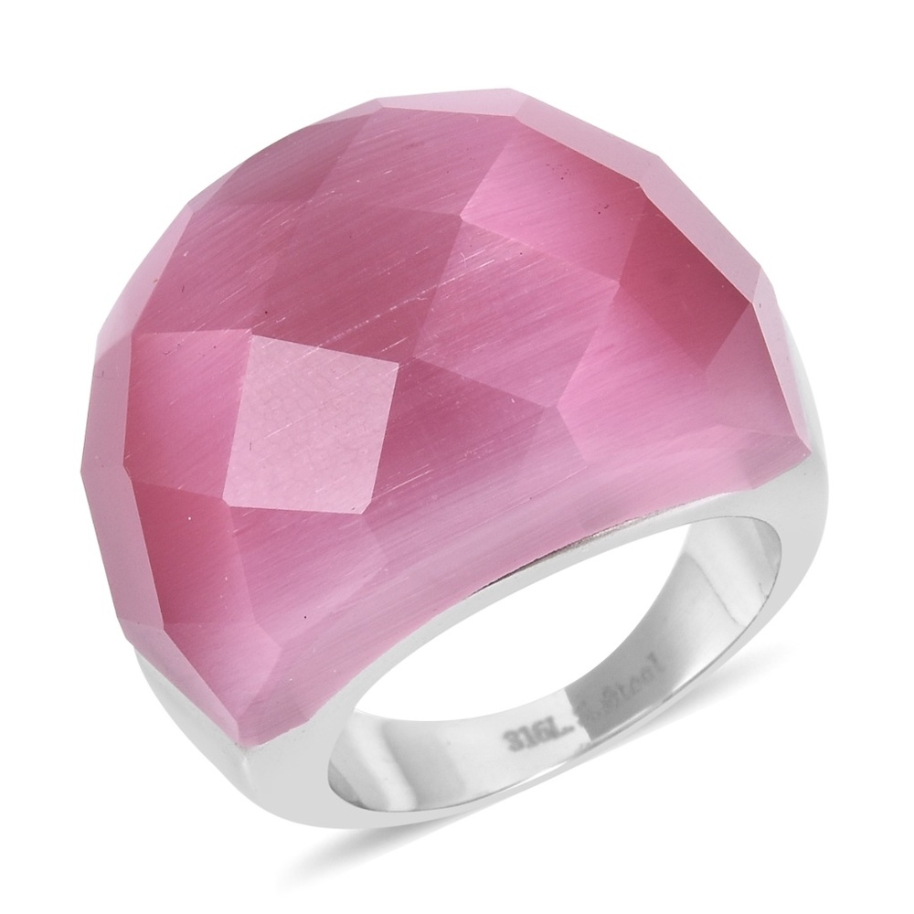 Lab Created Cats Eye Pink Stainless Steel Ring